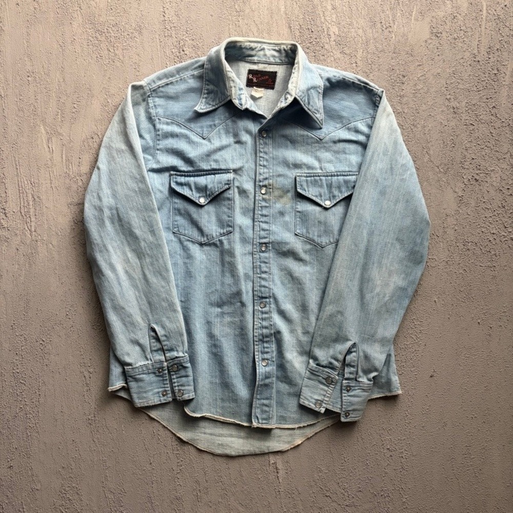 Vintage Road Runner Denim Western Shirt Medium 1960s Pearl Snap Cotton